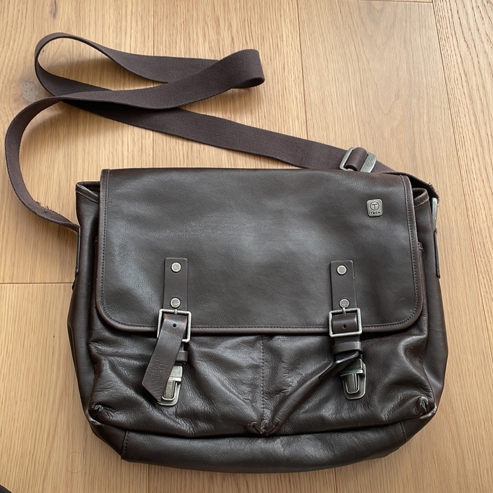 T-Tech by TUMI "Forge-Bingham" Brown Leather Messenger Bag